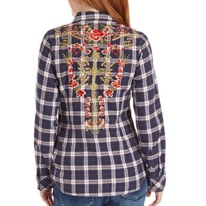 Blue & White Plaid Floral Embroidery Button-Up